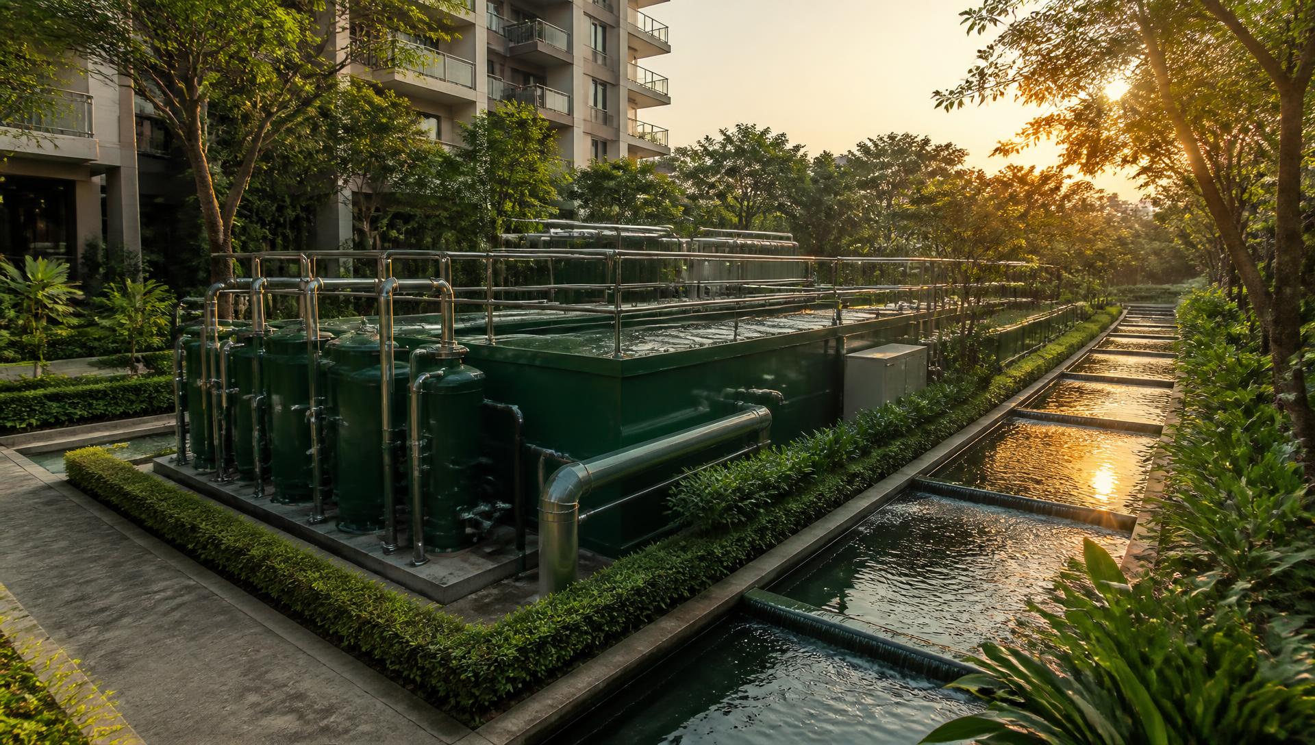 Green STP installation in the landscaped garden of an Indian apartment complex